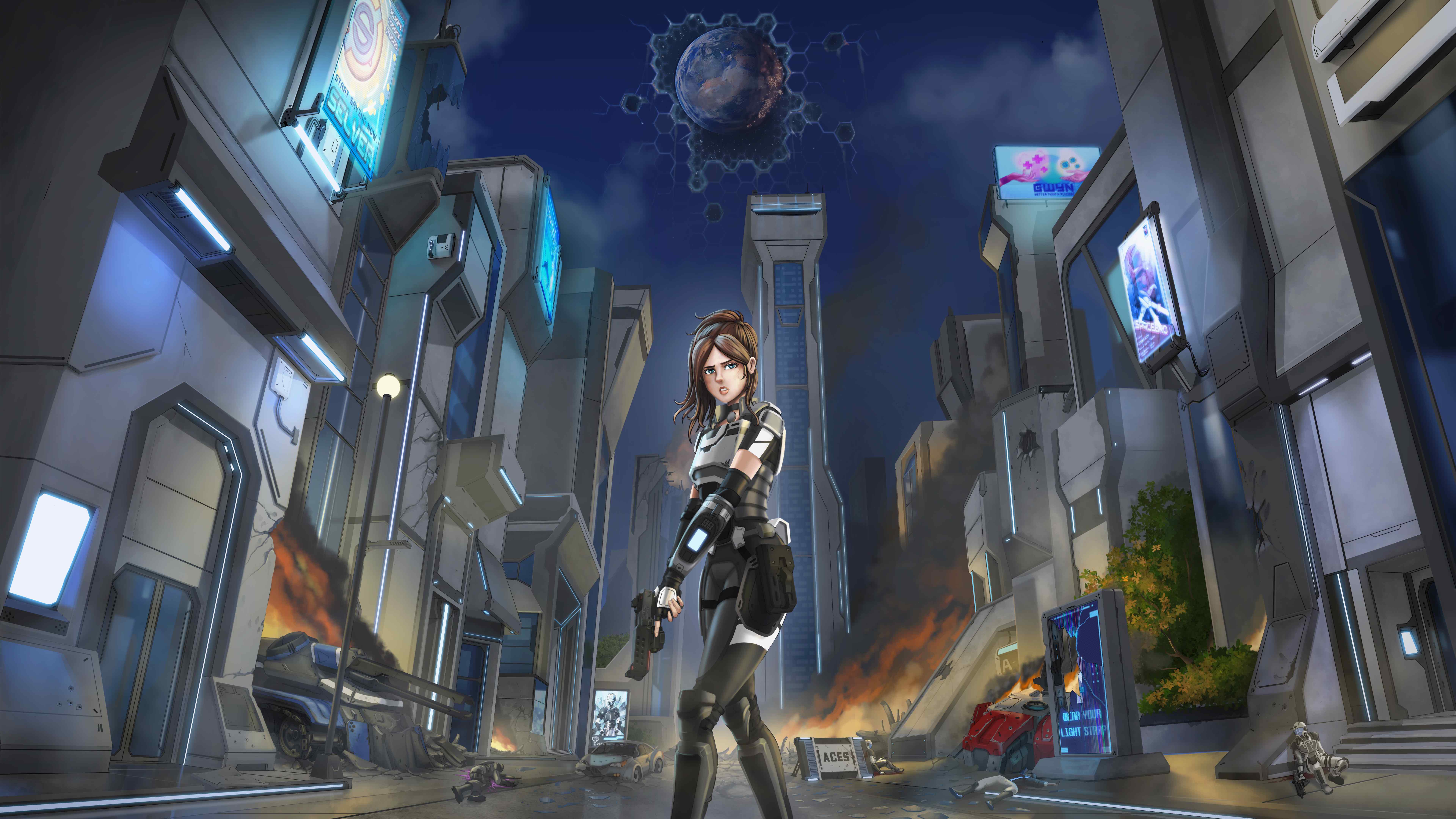 Artwork of protagonist Dawn overlooking Selaco's city streets